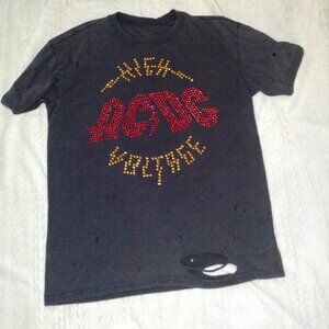 AC/DC Distressed Tee; Ladies S - M; High Voltage, GroupieChic, Roadie, Sequins